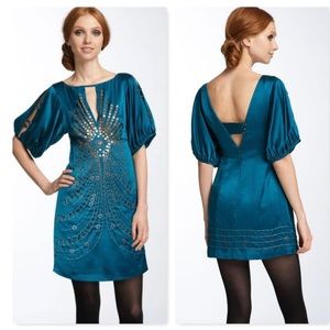 Nanette Lepore Darjeeling Teal Bronze Beaded Embellished Cutout Boho Silk Dress